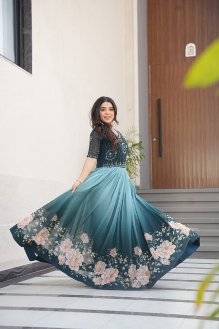 Women's Elegant Teal & Aqua Ombre Gown with Floral Printed Flair & Embellished Bodice โ Perfect for Summer Festivities & Parties