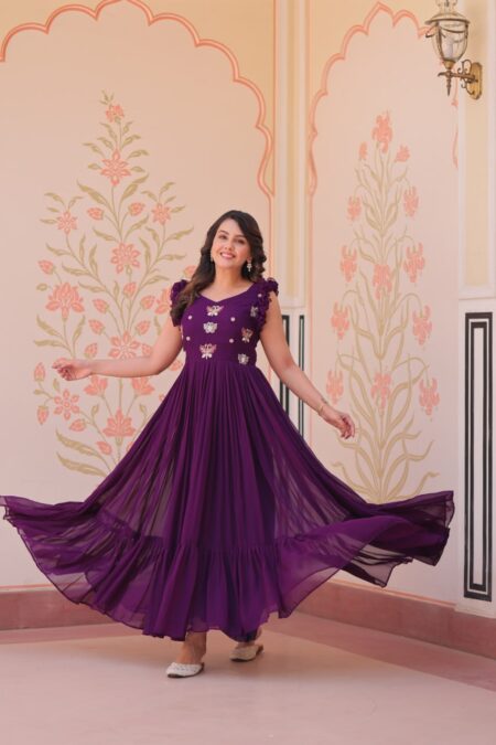 Women's Elegant Plum Purple Georgette Anarkali Gown with Butterfly Applique & Ruffle Sleeves โ Festive & Special Occasion Wear
