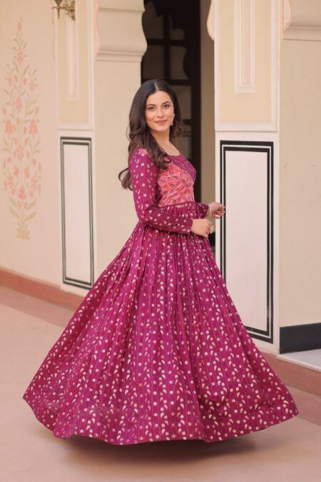 Women's Festive Berry Purple Printed Anarkali Gown with Intricate Zari Work & Embellished Yoke โ Perfect for Traditional & Celebration Wear